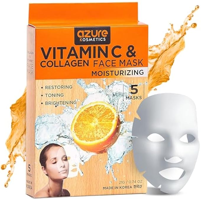Azure Cosmetics VITAMIN C & COLLAGEN MOISTURIZING FACIAL MASK- ANTI AGING, DEEPLY MOISTURIZING & FIRMING - BRIGHTENING MASK, IMPROVES ELASTICITY - SKIN CARE MADE IN KOREA - 5 PACK - Image 1